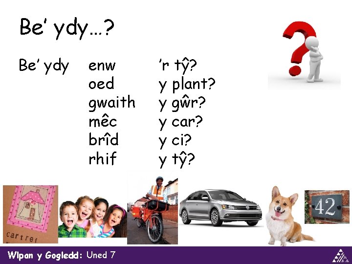 Be’ ydy…? Be’ ydy enw oed gwaith mêc brîd rhif Wlpan y Gogledd: Uned