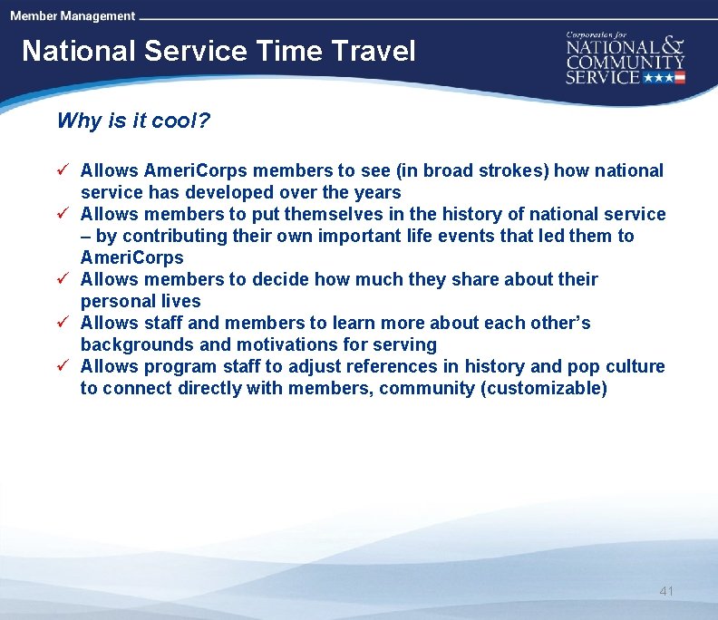 High Quality Performance Measures National Service Time Travel Why is it cool? ü Allows