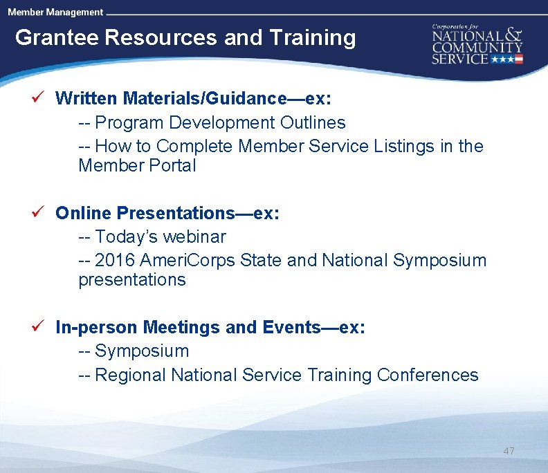 High Quality Performance Measures Grantee Resources and Training ü Written Materials/Guidance—ex: -- Program Development