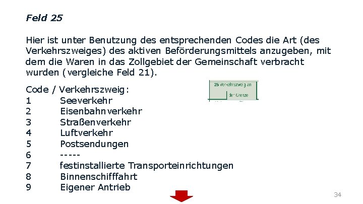 Feld 25 Hier ist unter Benutzung des entsprechenden Codes die Art (des Verkehrszweiges) des