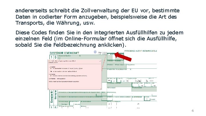 andererseits schreibt die Zollverwaltung der EU vor, bestimmte Daten in codierter Form anzugeben, beispielsweise