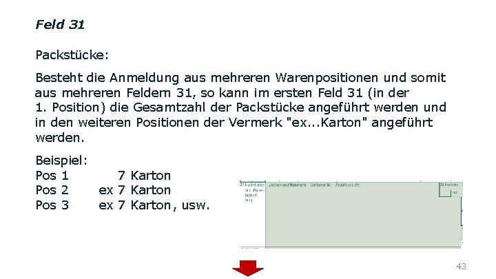 Feld 31 Packstücke: Besteht die Anmeldung aus mehreren Warenpositionen und somit aus mehreren Feldern