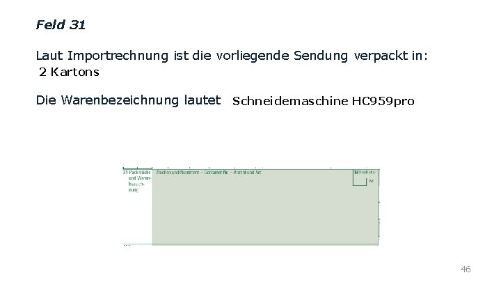 Feld 31 Laut Importrechnung ist die vorliegende Sendung verpackt in: 2 Kartons Die Warenbezeichnung