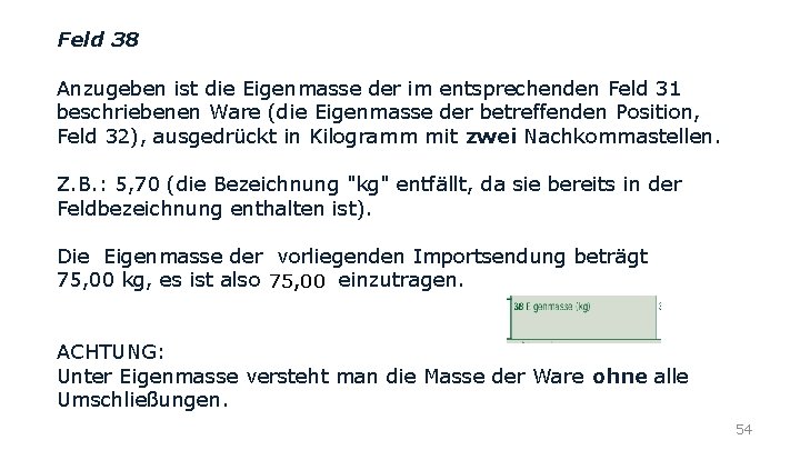 Feld 38 Anzugeben ist die Eigenmasse der im entsprechenden Feld 31 beschriebenen Ware (die