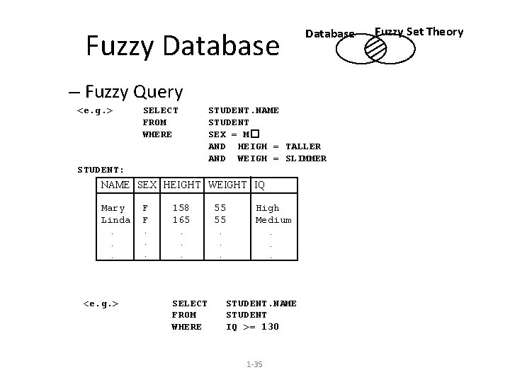 Fuzzy Database – Fuzzy Query <e. g. > SELECT FROM WHERE STUDENT. NAME STUDENT