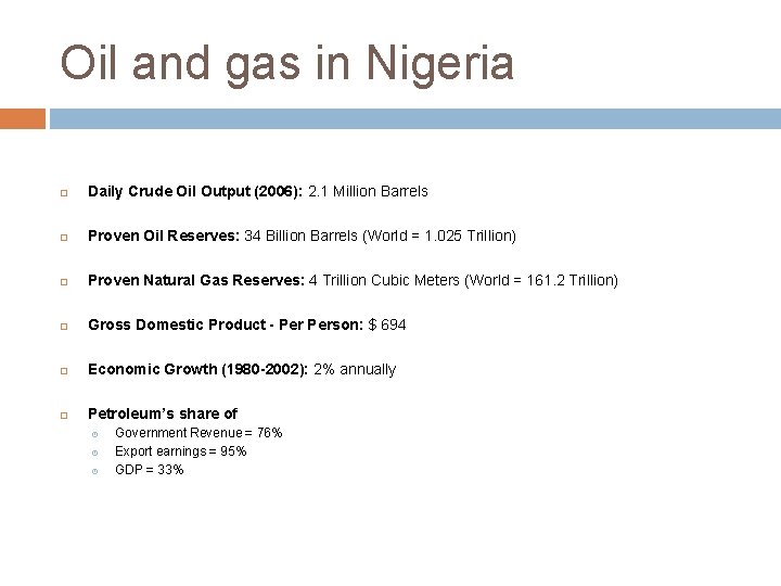 Oil and gas in Nigeria Daily Crude Oil Output (2006): 2. 1 Million Barrels