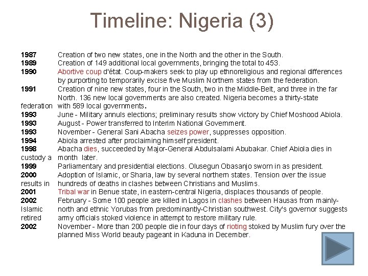 Timeline: Nigeria (3) 1987 1989 1990 Creation of two new states, one in the