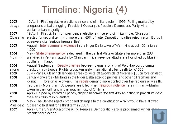Timeline: Nigeria (4) 2003 delays, 12 April - First legislative elections since end of