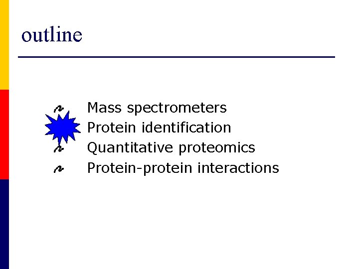 outline Mass spectrometers Protein identification Quantitative proteomics Protein-protein interactions 