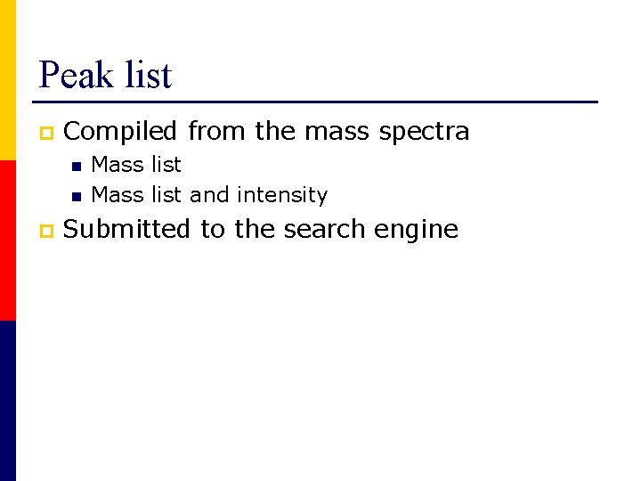 Peak list p Compiled from the mass spectra n n p Mass list and