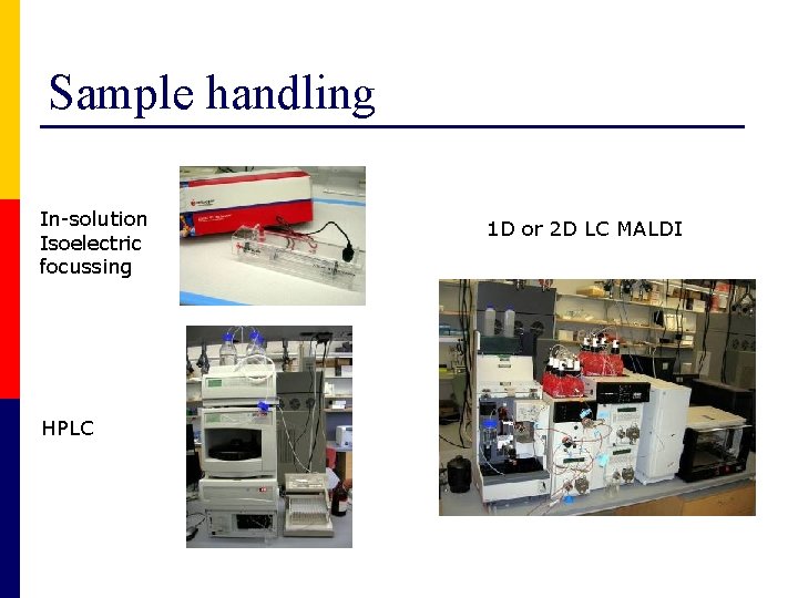 Sample handling In-solution Isoelectric focussing HPLC 1 D or 2 D LC MALDI 