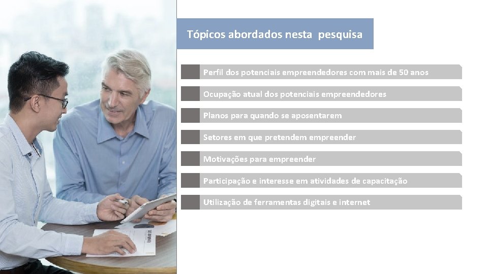 Tópicos abordados nesta pesquisa Perfil dos potenciais empreendedores com mais de 50 anos Ocupação