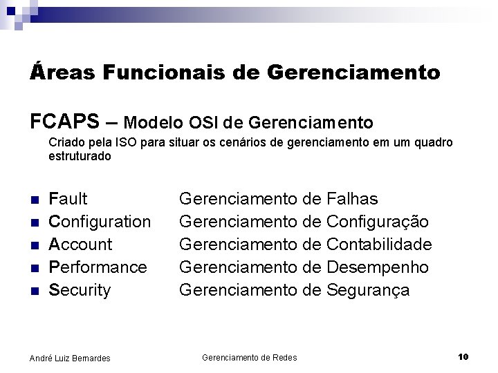 Áreas Funcionais de Gerenciamento FCAPS – Modelo OSI de Gerenciamento Criado pela ISO para