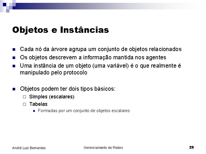 Objetos e Instâncias n n Cada nó da árvore agrupa um conjunto de objetos