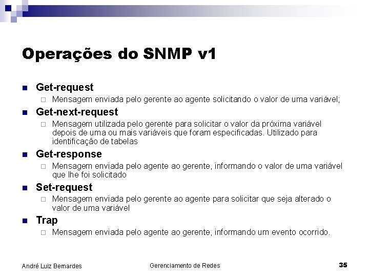 Operações do SNMP v 1 n Get-request ¨ n Get-next-request ¨ n Mensagem enviada