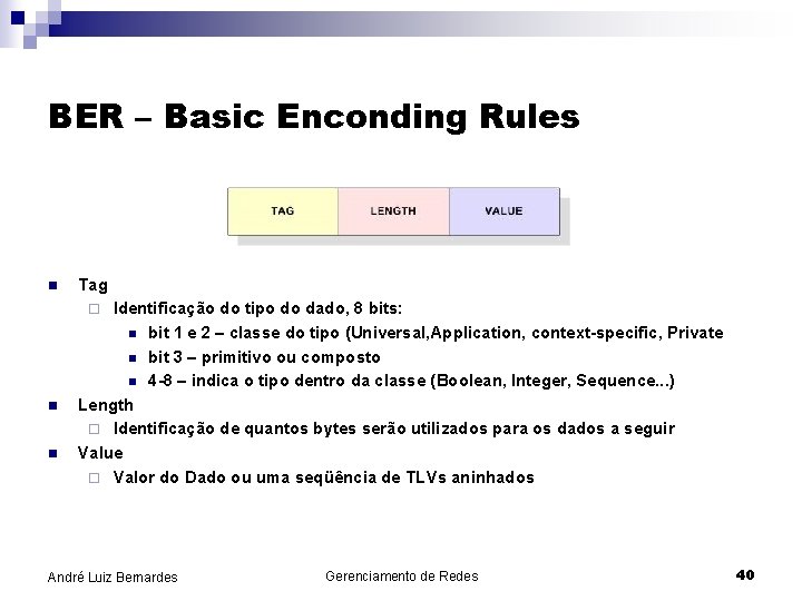 BER – Basic Enconding Rules n Tag Identificação do tipo do dado, 8 bits: