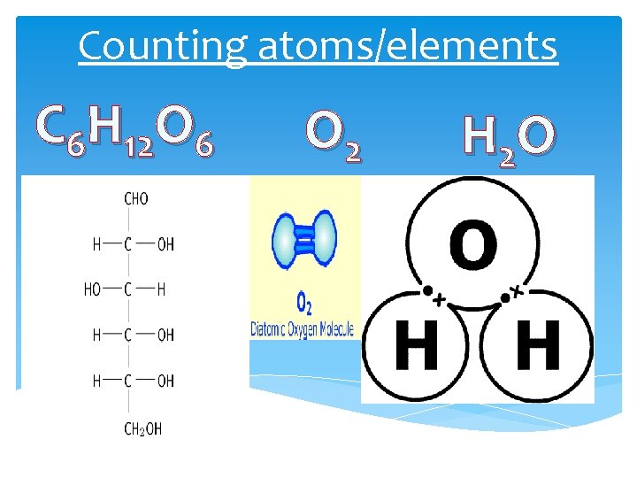 Counting atoms/elements C 6 H 12 O 6 O 2 H 2 O 