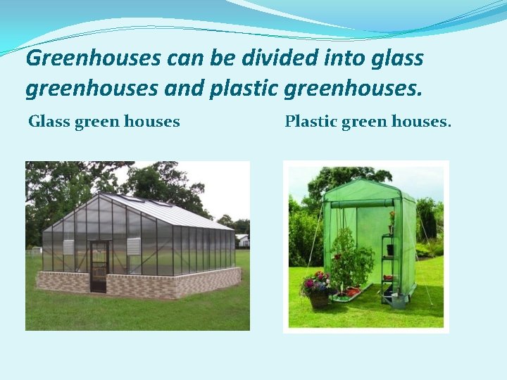 Greenhouses can be divided into glass greenhouses and plastic greenhouses. Glass green houses Plastic