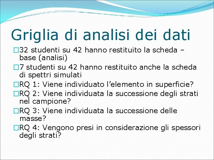 Griglia di analisi dei dati � 32 studenti su 42 hanno restituito la scheda