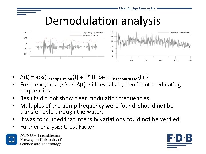 Flow Design Bureau AS Demodulation analysis • A(t) = abs{fbandpassfilter(t) + i * Hilbert[fbandpassfilter