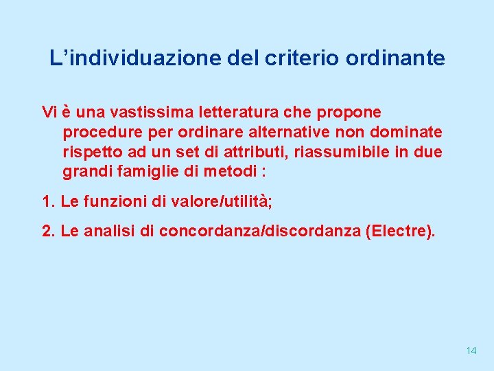 L’individuazione del criterio ordinante Vi è una vastissima letteratura che propone procedure per ordinare