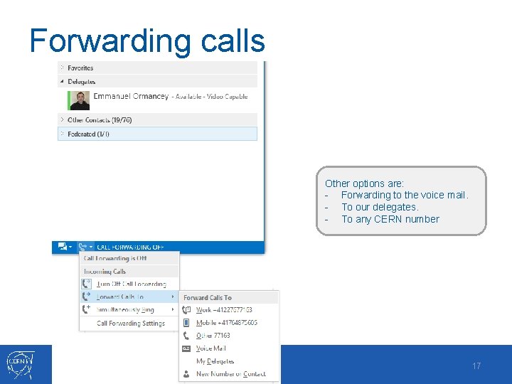 Forwarding calls Other options are: - Forwarding to the voice mail. - To our