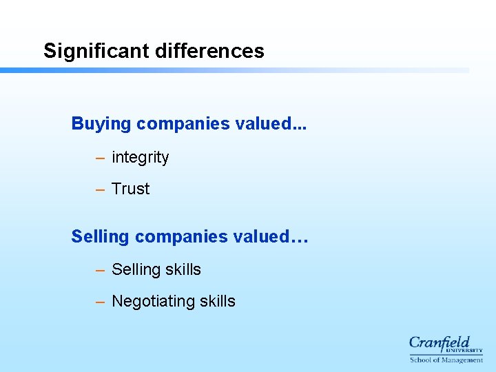 Significant differences Buying companies valued. . . – integrity – Trust Selling companies valued…