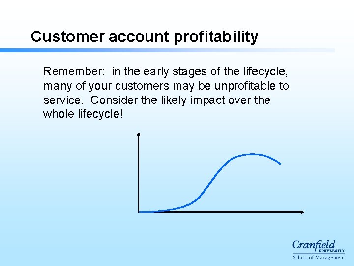 Customer account profitability Remember: in the early stages of the lifecycle, many of your