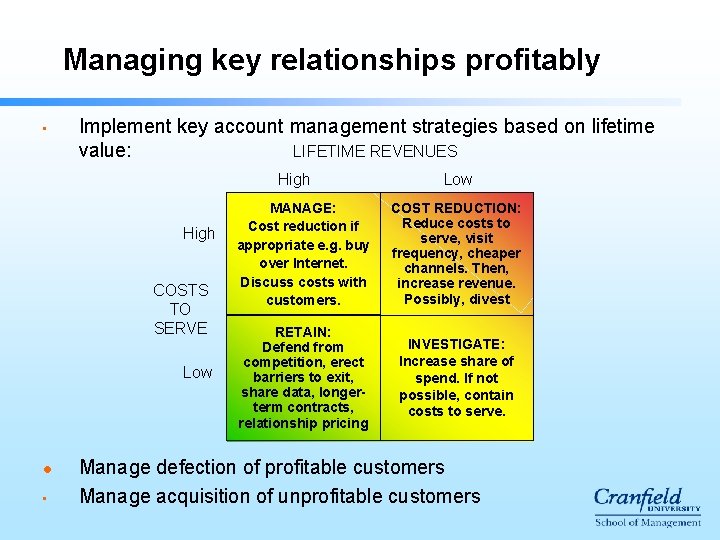 Managing key relationships profitably • Implement key account management strategies based on lifetime LIFETIME