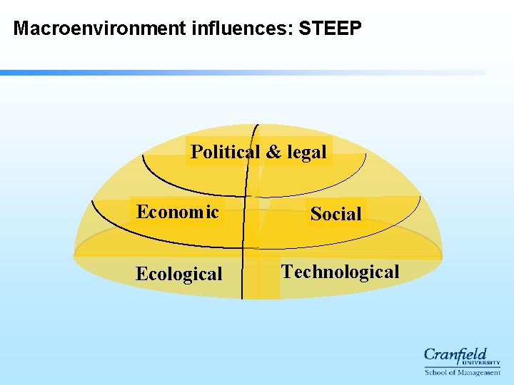 Macroenvironment influences: STEEP Political & legal Economic Social Ecological Technological 
