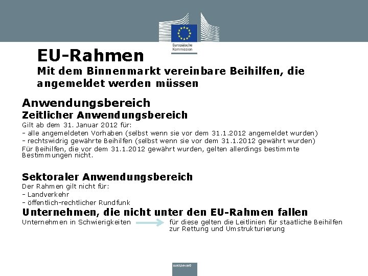 EU-Rahmen Mit dem Binnenmarkt vereinbare Beihilfen, die angemeldet werden müssen Anwendungsbereich Zeitlicher Anwendungsbereich Gilt