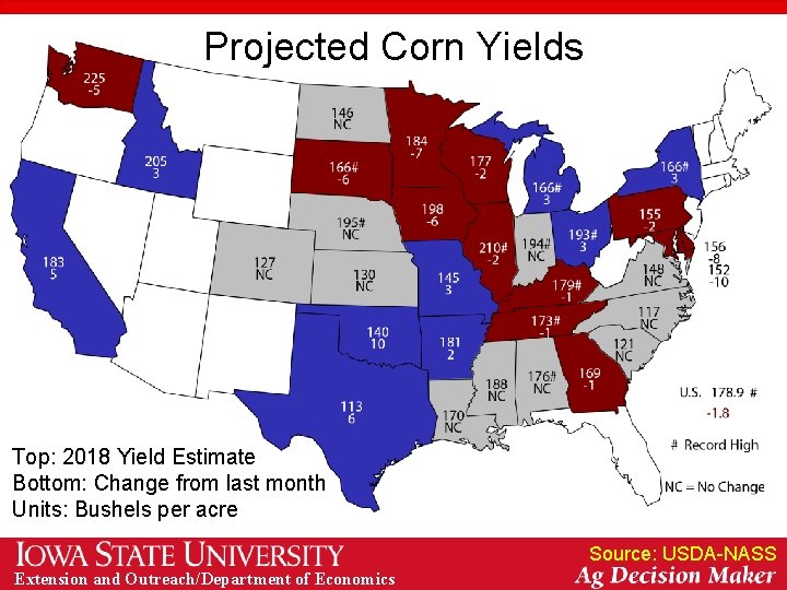 Projected Corn Yields Top: 2018 Yield Estimate Bottom: Change from last month Units: Bushels