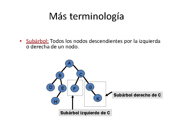 Más terminología • Subárbol: Todos los nodos descendientes por la izquierda o derecha de