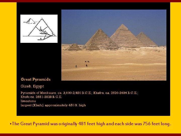  • The Great Pyramid was originally 481 feet high and each side was