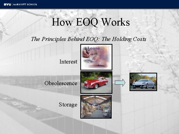 How EOQ Works The Principles Behind EOQ: The Holding Costs Interest Obsolescence Storage 