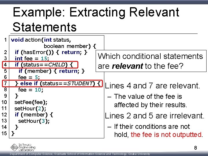 Example: Extracting Relevant Statements 1 void action(int status, boolean member) { 2 if (has.