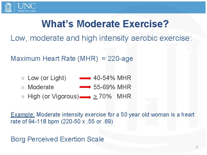 What’s Moderate Exercise? Low, moderate and high intensity aerobic exercise: Maximum Heart Rate (MHR)