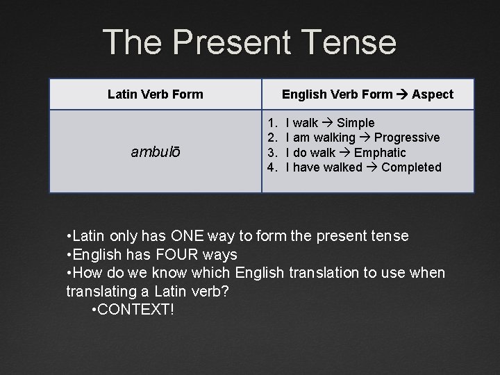 The Present Tense English Verb Form Aspect Latin Verb Form ambulō 1. 2. 3.