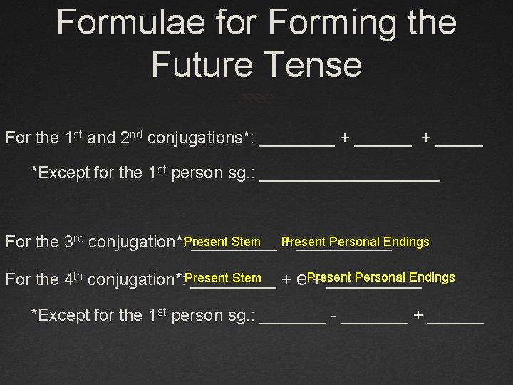 Formulae for Forming the Future Tense For the 1 st and 2 nd conjugations*: