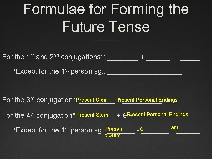 Formulae for Forming the Future Tense For the 1 st and 2 nd conjugations*: