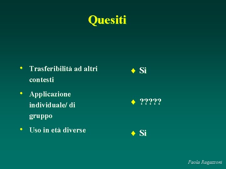 Quesiti • Trasferibilità ad altri contesti • Applicazione individuale/ di gruppo ¨ ? ?