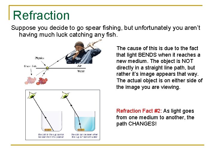 Refraction Suppose you decide to go spear fishing, but unfortunately you aren’t having much