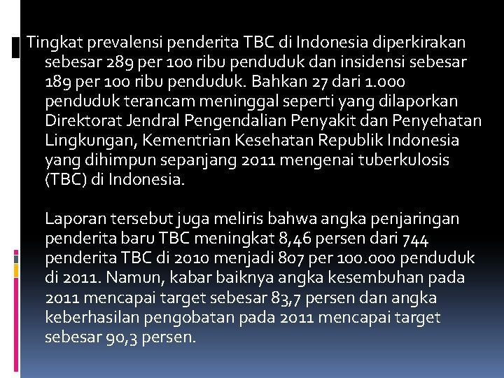 Tingkat prevalensi penderita TBC di Indonesia diperkirakan sebesar 289 per 100 ribu penduduk dan