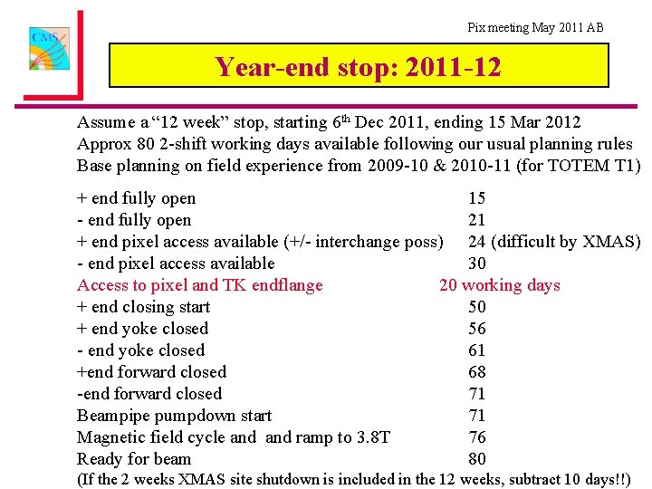 Pix meeting May 2011 AB Year-end stop: 2011 -12 Assume a “ 12 week”