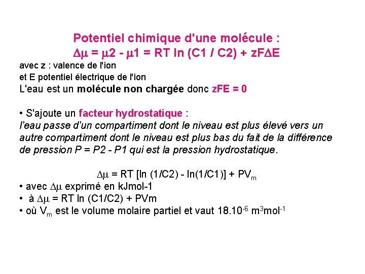 Potentiel chimique d'une molécule : Dm = m 2 - m 1 = RT