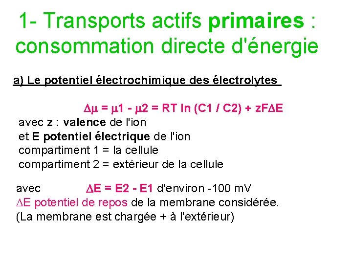 1 - Transports actifs primaires : consommation directe d'énergie a) Le potentiel électrochimique des