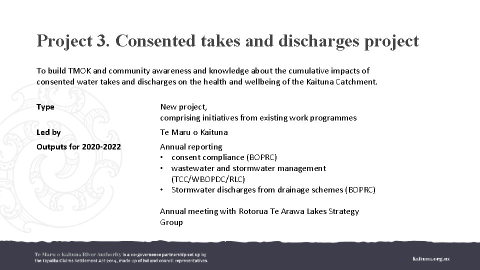Project 3. Consented takes and discharges project To build TMOK and community awareness and