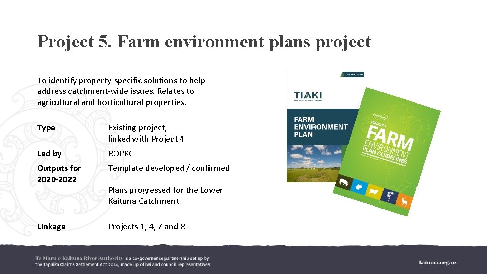 Project 5. Farm environment plans project To identify property-specific solutions to help address catchment-wide
