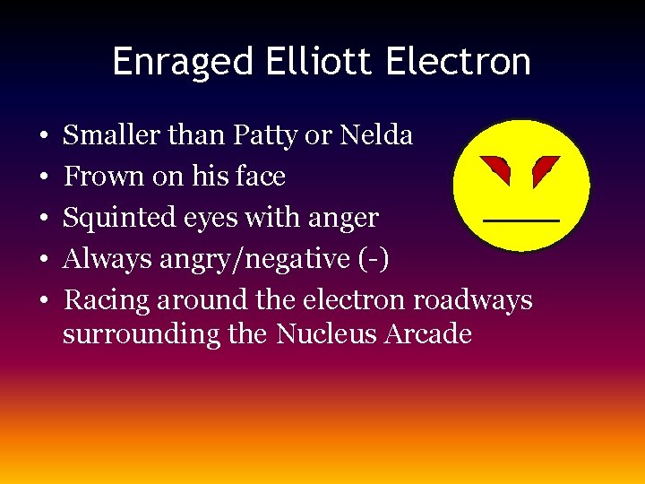 Enraged Elliott Electron • • • Smaller than Patty or Nelda Frown on his