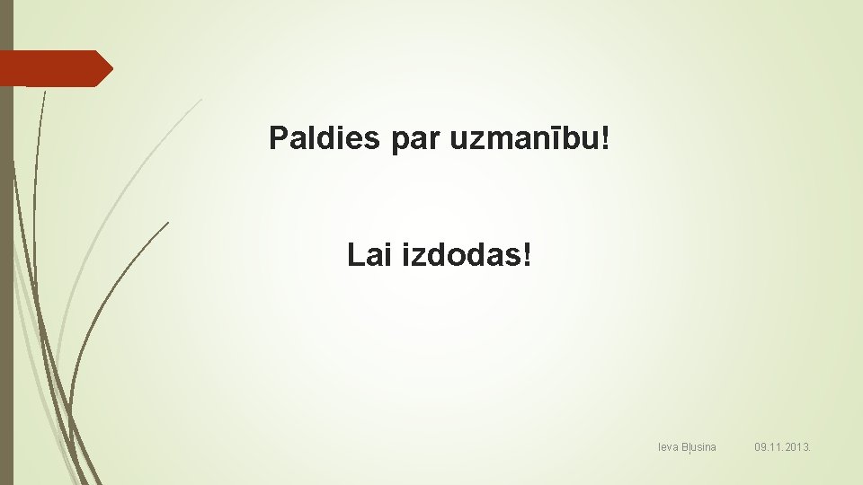 Paldies par uzmanību! Lai izdodas! Ieva Bļusina 09. 11. 2013. 